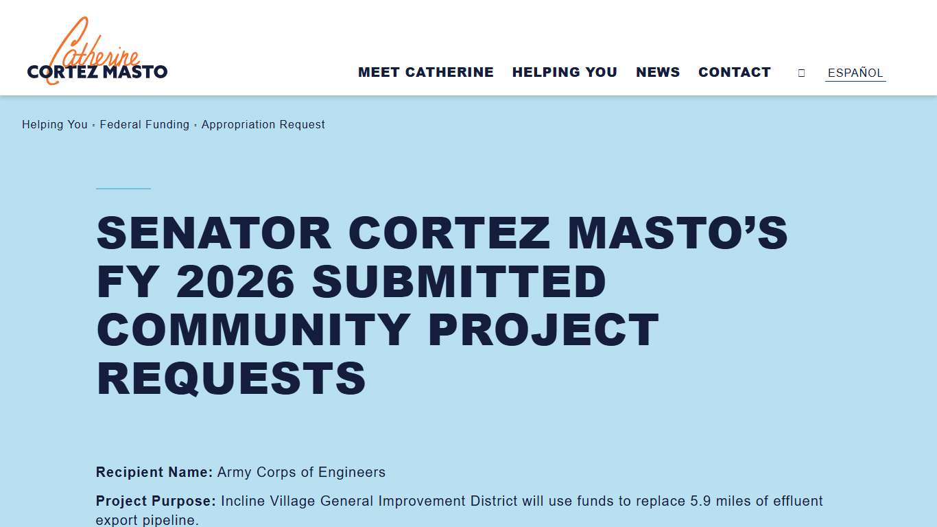 Senator Cortez Masto's FY 2026 Submitted Community Project Requests - Senator Catherine Cortez Masto